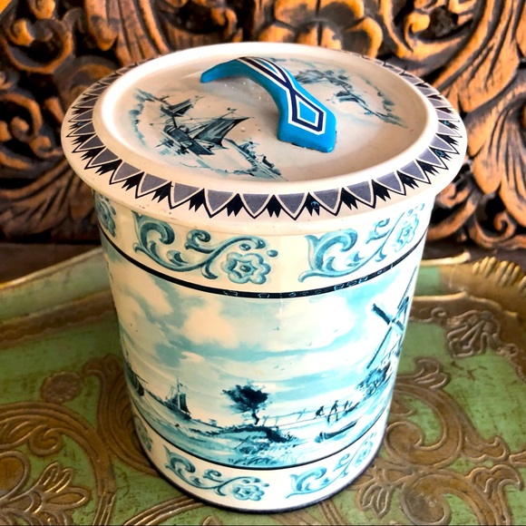 Cookie Canister Vintage Midcentury West Germany Ships and Windmill Tin - Picture 13 of 13